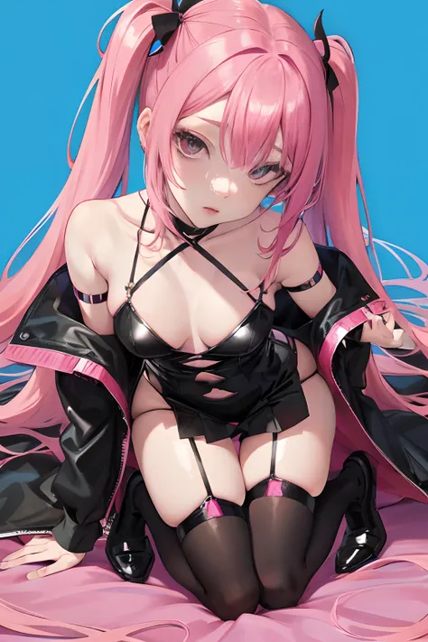 Anime girl with pink hair and black stockings lying on the ground, a beautiful succubus, A succubus in a straitjacket, Succubus, demon anime girl, Guviz, seductive anime girls, Anime monster girl, pixiv 3dcg, succubus in sundress portrait, Guweiz in Pixiv ...