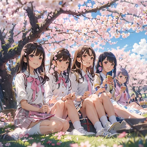 in 8K、masutepiece、top-quality、A hyper-realistic、Photorealsitic、A path lined with flourishing cherry blossom trees、Good friends on the way home from school３A group of high school girls sit on the lawn lined with cherry blossom trees and have a picnic、Chatte...