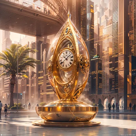 Huge golden table clock，Golden Wheel，Diamond gemstone decoration，Diamond dial，Located in the heart of the luxurious Golden City，Drive the city of Dubai through the desert，Enter a fascinating vision of the future through captivating futuristic imagery of th...