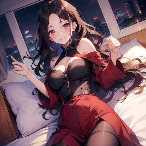 (masutepiece,Best Quality,8K),(extremely detailed CG1.1),teens girl,Smile,large boob,(From below:1.2),Intricate details , Hyper realistic, Perfect Anatomy,A dark-haired,Red Eyes,(((Forehead))),Permed hair with wavy hair,(((length hair))),Hair over one eye,...