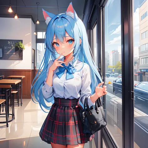 Light blue long-haired。cat ear。Dating。Her hairstyle is a braided ponytail。Plaid blazer。shirt。Plaid skirt。lowfers。Being in a café