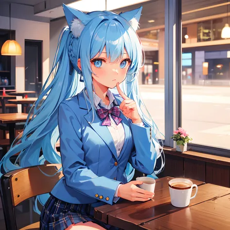 Light blue long-haired。cat ear。Dating。Her hairstyle is a braided ponytail。Plaid blazer。shirt。Plaid skirt。lowfers。Being in a café