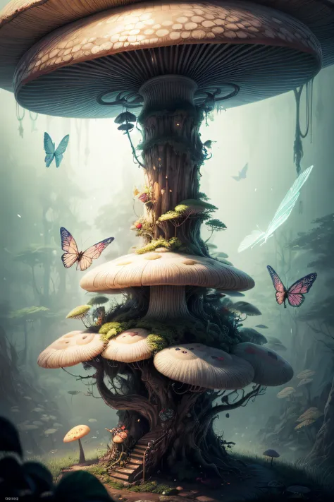 "Magical encounter, closeup young girl exploring, gigantic mushroom, ethereal butterflies, misty wonderland, enchanting details"