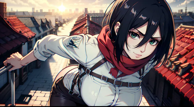 Frame from below, Photo below, view from bottom, Sexy, Erotica, Nudie, sexypose, combat stance, half naked, shirt unbuttoned, Hesitate, Erotica, Super Epic Composition, aot style, Shingeki no Kyojin, mikasa ackerman, 1girl, in full height (Body Full 1.1), ...