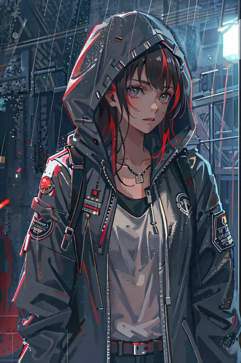 1girl, jacket, rain, outdoor, hoodie, open jacket, chain, backpack, looking at another, messy hair, trending on artstation, 8k resolution, highly detailed, anatomically correct, sharp image, digital painting, concept art, trending on pixiv, style of makoto...