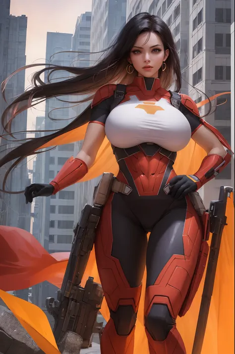 (masterpiece), best quality, expressive eyes, perfect face, a beautiful tan skin superhero woman wearing a superhero bodysuit, big breast, (tall building), (dusk), dark