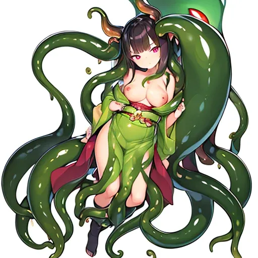 ((NSFW100))、(((full body seen)))、(((Flat))), (((busty girl)))、(((short dark hair))), (((the eyes are golden)))、((She wears a kimono made of dark green slimy tentacles))、(Slimy skin)、((angry expressions))、(The legs are made of slimy tentacles)、(The arms are...