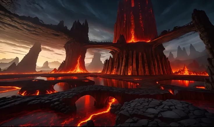 lava lake with interlocking rocks forming bridges that extend to a red tower in the center, Fire Nation, ultra-realistic, ultra-detailed, high fantasy