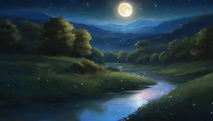 A painting of a river with stars and moon in the sky, concept art inspired by Tosa Mitsuoki, pixiv contest winner, best quality, fantasy art, beautiful anime scene, a bright moon, moonlit starry environment, dream painting, Anime Background Art, Fantasy La...