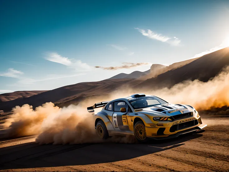 Cinematic Still A Rally car leaping over a hill, capturing its aerodynamic design and high-speed dynamics. Mid-Air, Wide Angle, Dust Clouds in the Background, Golden Hour, Hasselblad X1D II 50C, Warm Color Palette, Tense Competition, directed by Ridley Sco...