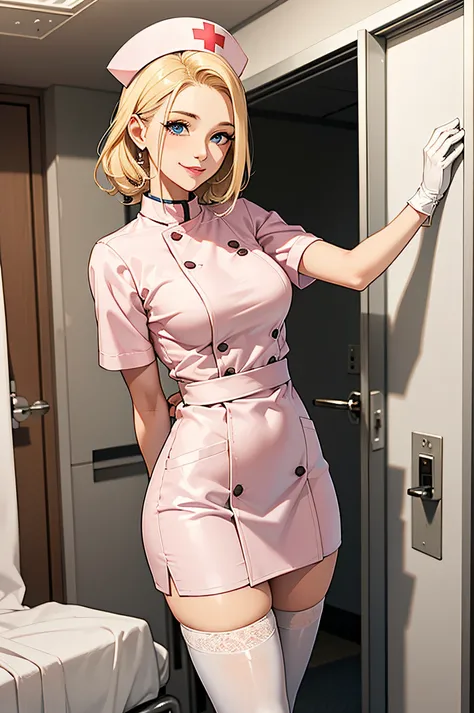 1woman, solo, nurse, nurse cap, white wear, ((white legwear, zettai ryouiki)), white gloves, blonde hair, blue eyes, pink lips, smile, standing, ((hospital room)), sharp outline, short sleeves, mature female, 35 years old, best quality, masterpiece