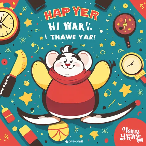 Cartoon-style fat rat、Draw the following on the picture。”A Happy New Year”