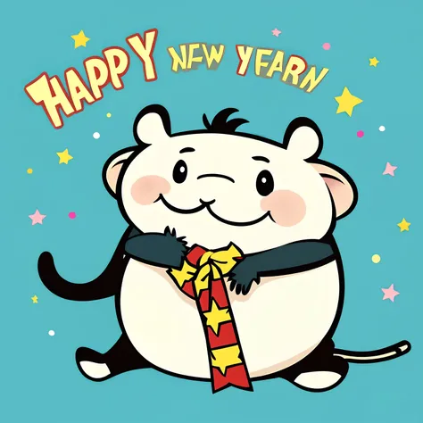 Cartoon-style fat rat、Draw the following on the picture。”A Happy New Year”