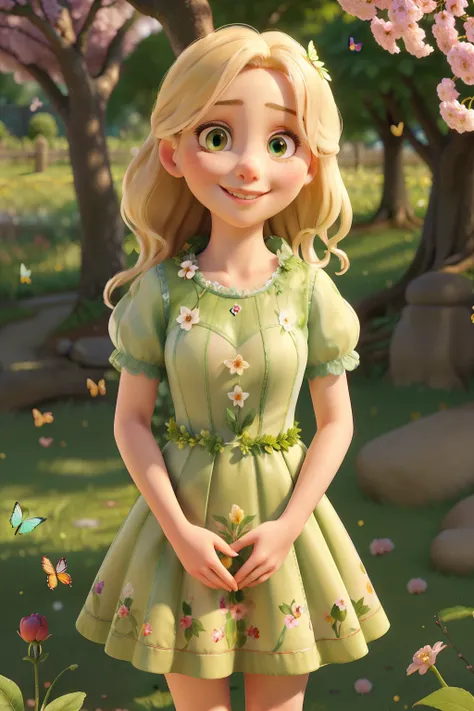 a girl in a garden,oil painting,beautiful detailed eyes,beautiful detailed lips,extremely detailed eyes and face,longeyelashes,blonde hair,green dress,smiling,standing next to a blooming cherry tree,butterflies fluttering around her,sunlight filtering thro...