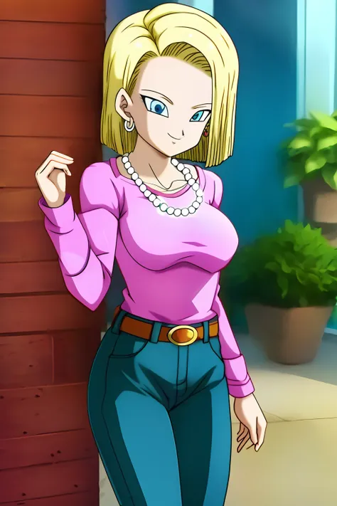 android18, 1girl in, solo, breasts, smile, short_hair, blue_eyes, blonde_hair, shirt, long_sleeves, jewelry, medium_breasts, ear...