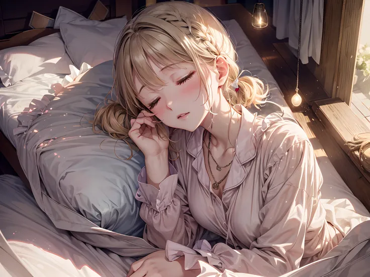 (​masterpiece),(top-quality:1.2),1girl in,(masuter piece:1.3),exquisitedetails, Highest quality 8K resolution, Ultra-detailed, Realistic, (Melody Mark:1.2),Vibrant colors, Soft tones, With warm and gentle lighting,In a serene, Long blonde woman sleeping on...