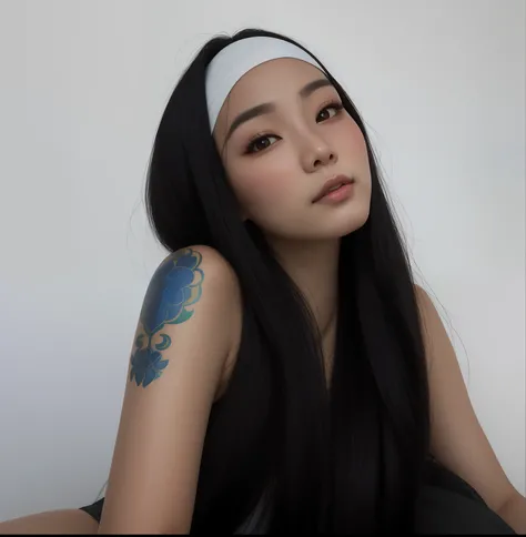 Arafed woman with long black hair and a white headband, Asian girl with long hair, asian nymph bald goddess, Asian girl, asian features, Beautiful Asian girl, an Asian woman, Asian face, com cabelos longos, detailed face of a asian girl, Xision Wu, cabelos...