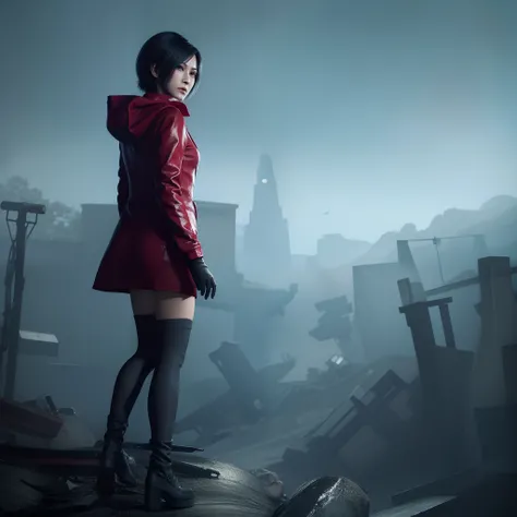 Ada wong, beautiful face, bob hair, perfect Face, wearing mini red dress hoody, wearing hoody, black nail polish, calm expression