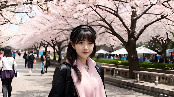 Cherry blossom And Street, many bimbo women on the street