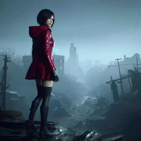 Ada wong, beautiful face, bob hair, perfect Face, wearing mini red dress hoody, wearing hoody, black nail polish, calm expression