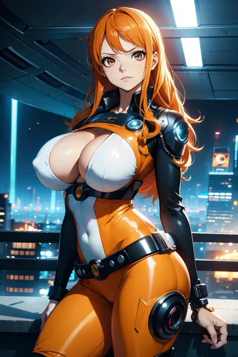 Nami from One Piece, orange  hair, beautiful brown eyes ((wearing  cyborg lutex cloth)), furry cyborg cloth, sexy ass, sexy boobs, lewd pose ,full body (futuristic cyborg surrounding city) (best quality, 4k, 8k, highres, masterpiece:1.2), ultra-detailed, a...