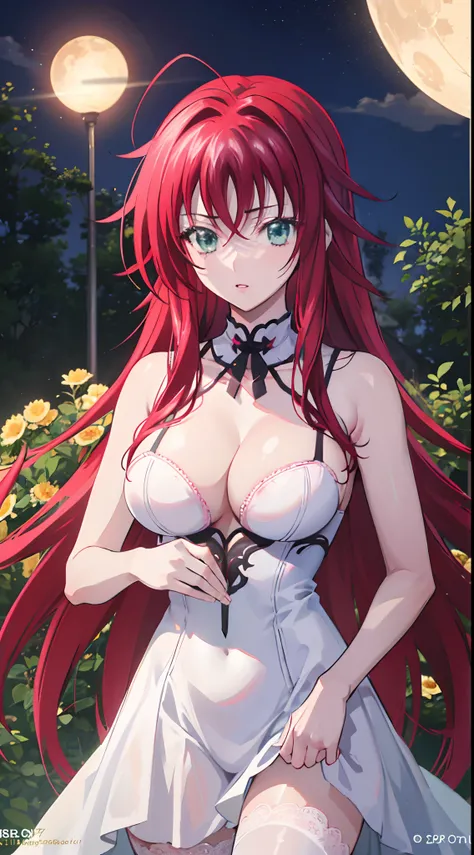 realistic, 1 girl, rias gremory, red hair, white hair, green eyes, light eyes, white and pink wedding dress, red dress, pink tights, parted lips, pink cheeks, night, flower, sun, sunlight,(thin breasts), breast augmentation, beautiful breasts, cleavage, ex...