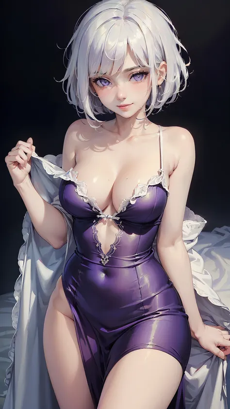 ((((masterpiece, best quality, high resolution)))), (1girl:1.5), ((white hair, purple eyes)), short wavy hair, bob cut, (average breasts :1.2), blush, smile, glow, thighs, bare shoulders, collarbone, narrow waist, cleavage, (beautiful detailed face, beauti...