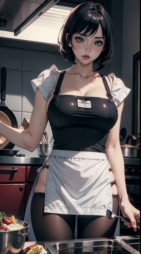 ((masterpiece)),(bestquality),((ultra-detailed)), ((beautiful detailed sky)), ((cinematic lighting)), depth of field, (dynamic angle),detailed lighting,(beautiful detailed eyes), ((kitchen, cooking)), (wearing only apron),red lip, eyeshadow,large breast, e...