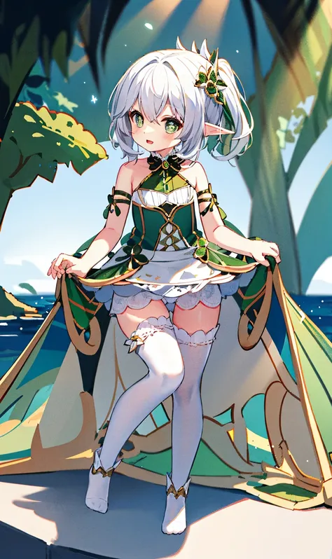 (white background: 1.4), (chibi: 1.2),
masterpiece, best quality,
Solo, ((an extremely delicate and beautiful girl)),(full body: 1.2), elf ear, hair ornament, chipped hair, short hair, light green eyes, medium chest, white dress, silver hair
standing,(ruff...