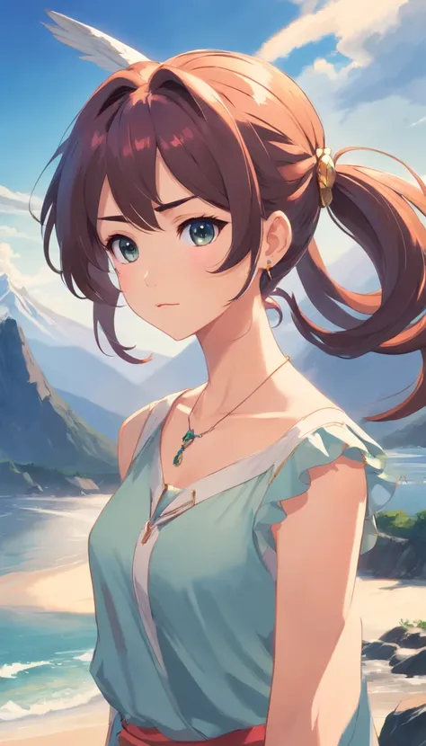 best quality, ((masterpiece)), highly detailed, dragon giantness, double twisted pony tails, hair styled in loose waves, cute hair accessories, wearing lots of jewelry, earings, bracelets, wings, mountains, worried expression, looking straight at viewer