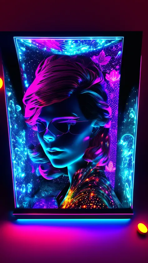 a picture of a (3DMM picture of a woman, (3 d depth of field: 1.4)) in a 3 d picture frame, 3DMM frame of lights, illusion of disappearing to infinity, RGB led point lights disappear inward from edge, infinity mirror, 3 d neon art of a womens body, psyched...