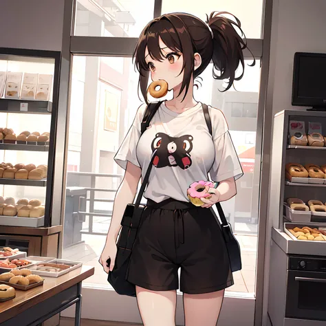 "anime girl, 1 person, dark brown hair, ponytail, ponytail, brown eyes, t-shirt, white t-shirt, tights, shorts, big breasts, blushing, solo, front view, standing  cross legs, holding a bag of donuts, eating donuts. (full HD 4K+ image)"