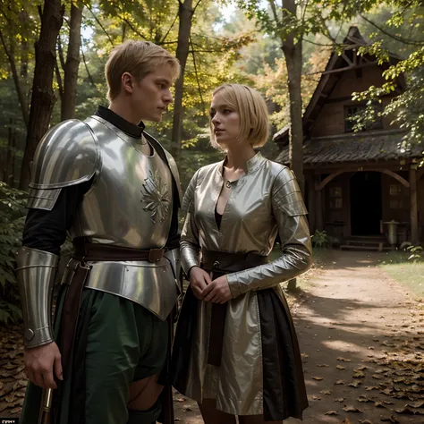 A short haired blond woman in the forest wearing leaves, looking confused as 15th century knights slowly approach her and a large dragon is staring at the knights angerily