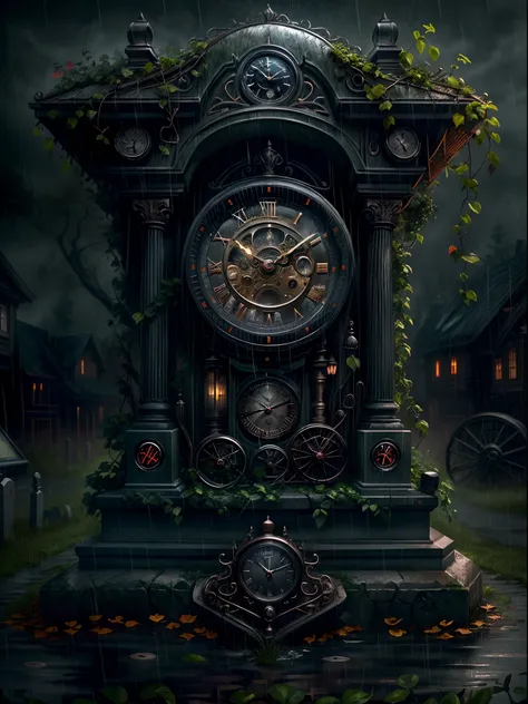 (A high resolution,Realistic,Horror,landscape,Dark,Creepy,Mystery,Ominous),（(Mechanical Clock 1.37)。A huge tombstone is adorned with a clock。，Delicate dial，There are vines wrapped around it）。rainy evening,Global illumination。k hd。