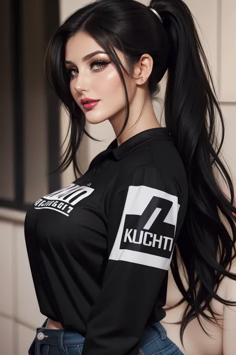 Lucy Pinder, face portrait, beautiful face, smiling, voluptuous woman, ((very intense makeup)), ((bright lipstick)), long hair, black hair, ponytail, hairstyle, black t-shirt, collared t-shirt, logos on t-shirt, black formal pants