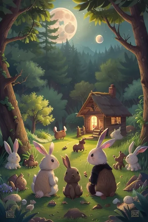 enchanted forest, the full moon rises from behind the hills, the bunnies and hedgehogs sit and watch the moon