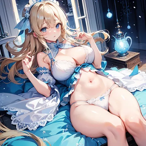 女の子1人、a blond、Blue eyes、length hair、fluffy and soft hair、Cinderella、Cinderellas Castle、light blue lace dress、natta、moonlight、Its snowing、爆乳、cleavage of the breast、Enchanted breasts、Enchanted thighs、Pink lip、耳环、White lace ribbon、frilld、Navel Ejection、Sparkl...