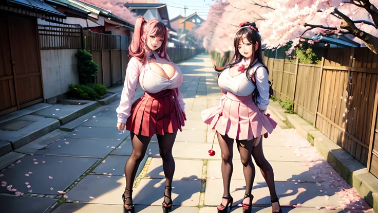 (Cherry blossom:1.2) And Street, 2 busty women on the street, looking at the cherry blossoms, full body shot,  giga_busty