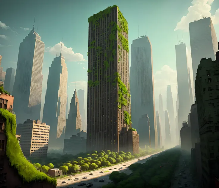 Make a post apocalyptic New York City covered in vegetation after 10 generations.