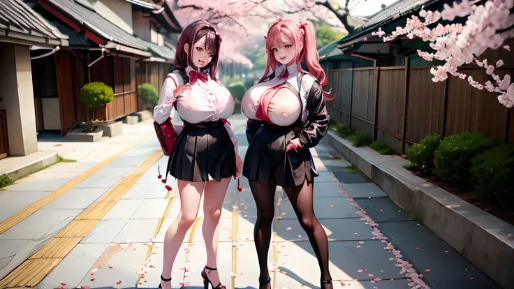 (Cherry blossom:1.2) And Street, 2 busty women on the street, looking at the cherry blossoms, full body shot,  giga_busty