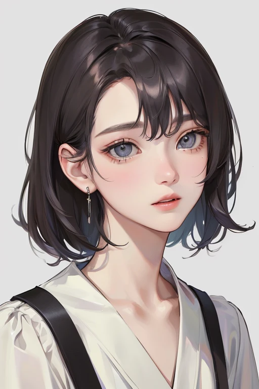 (Top resolution、Distinct_image)top-quality、femele、​masterpiece、ighly detailed、Semi-realistic、grey  eyes、25-years old、年轻、Casual clothing、Exquisite facial features、Facial features、shorth hair