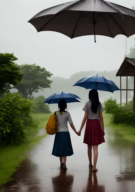 A teenage bog and teenage girl holding handa andu walk in rain