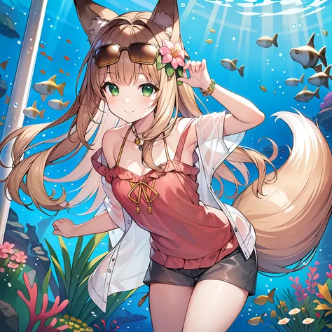 Masterpiece, Best quality, high resolution), 1girll, Solo, Oversized fox tail，Long brown hair，Green eyes，Small flower headdress, (13-year-old junior high school student)，Modern architecture，A MILF, Medium distance，attractive smile，Casual summer clothing_Su...