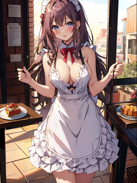 1 girl, beautiful girl, beautiful eyes, waitress, naked, wearing sexy maid apron only in the front, sexy breasts, shy, blush, hight quality