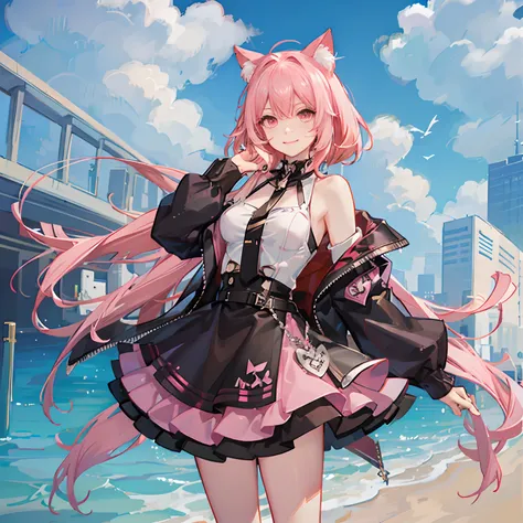 "anime girl, 1 person, pink hair, pink cat ears, pink eyes, t-shirt, white t-shirt, off-the-shoulder womens jacket, black miniskirt, big breasts, twin swords on the back, crystals on the back  flying around, blushing, smiling triumphantly, solo, looking st...