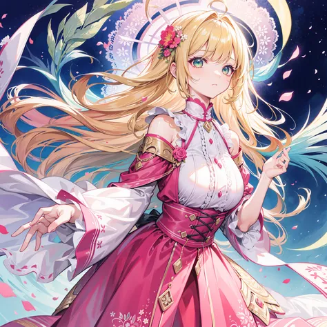 (absurdres, highres, ultra detailed), 1girl, mature female, wavy blonde hair, long hair, blunt bangs, green eyes, pink dress, finely detailed eyes and detailed face, extremely detailed CG unity 8k wallpaper, intricate details, BREAK , kaleidoscopic imagery...