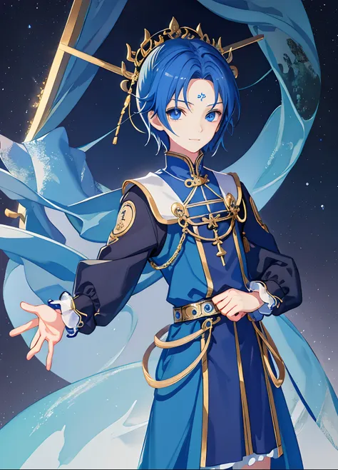 ​masterpiece、top-quality、超A high resolution、2D Bishonen、animesque、Teenage Boy、Blue hair、short-haired、Black School Uniforms、Wear baggy clothes、Beautiful blue eyes、The clothes are also depicted in detail、Eyes are depicted in detail、The face is depicted in de...