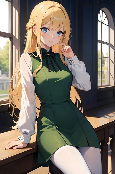 masterpiece,best quality, solo, 1 girl, female figure, yellwo hair, hime cut, blunt bangs, extra long hair, crystal blue eyes, sharp detailed eyes, white pantyhose, long sleeves,  dark green griffin style dress, thight dress, short green dress, golden deta...