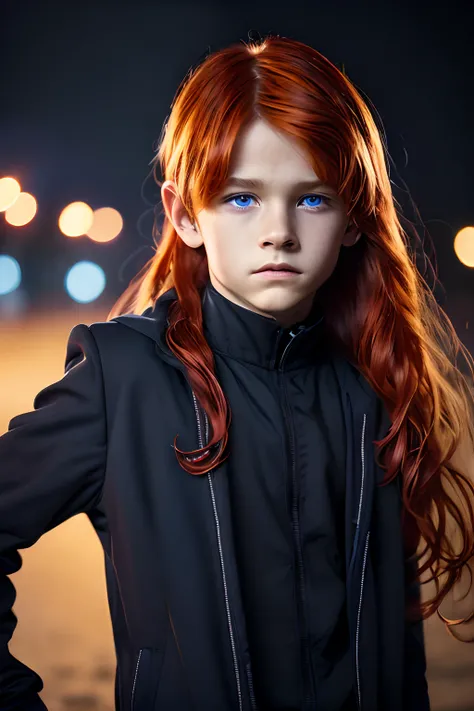 (extremely detailed 8k wallpaper), Dark Theme, (12 years old boy), uses (expensive black clothes), (((beautiful face))), fine focus, (subsurface dispersion:1.1), ((long red hair))), ((blue eyes)), expression (happy), centered face, award-winning photograph...