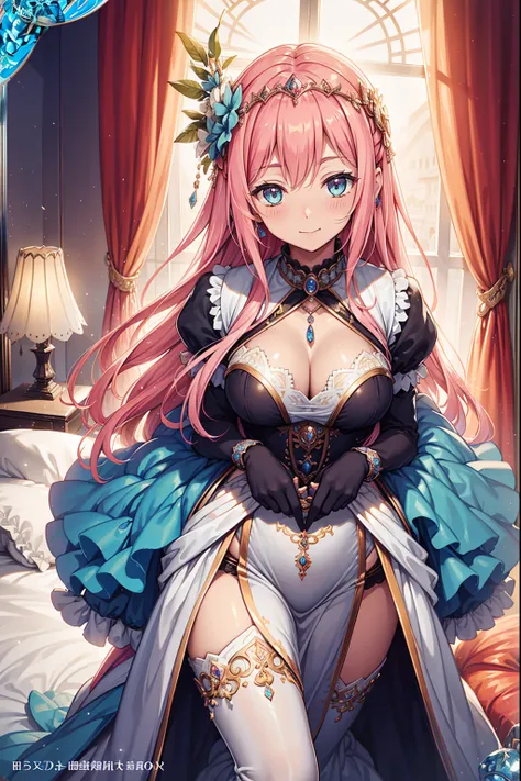 (Best quality, A high resolution, Textured skin, High quality, High details,Extremely detailed CG unity),teens girl，Enchanted，Divine happiness，Being in love，(Light Victorian dress:1.2)，Pink hair，eBlue eyes，(Fabric headdress)，Maximalism，Multiple layers of d...